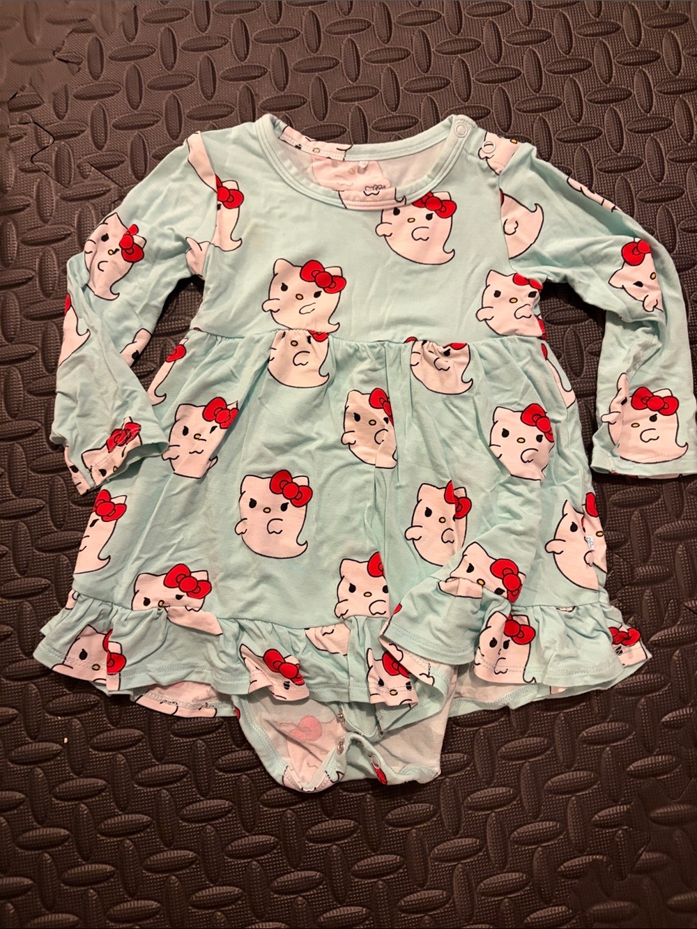 Posh Peanut Light Blue Long Sleeve Ruffle Dress with Red Bow Characters